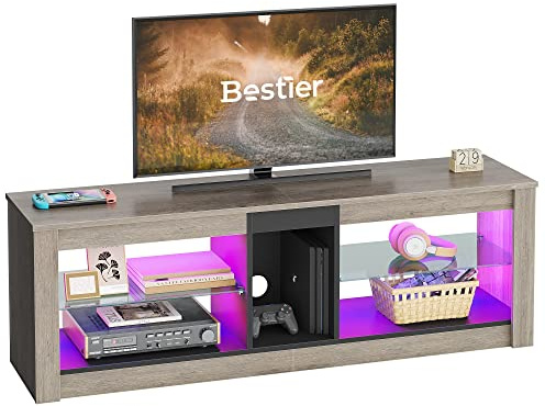 Bestier TV Stand Cabinet 140CM Entertainment Center Led Tv Stand Modern TV Unit with Glass Shelf RGB LED Lighted for 55 inch TVs with Ambient Lights for Living Room Bedroom (Grey Wash)