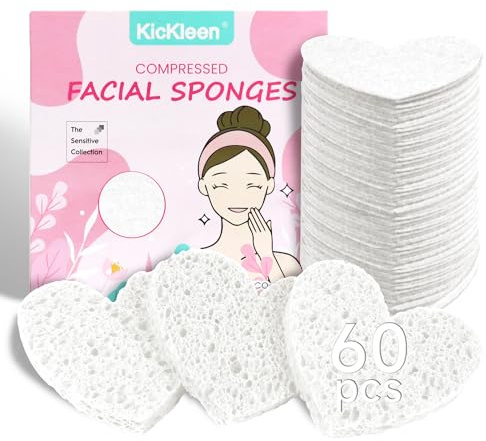 60-Count Kickleen Compressed Cellulose Heart Shape Facial Sponges | 100% Natural Cosmetic Spa Sponges for Facial Cleansing | Exfoliating | Makeup and Mask Removal | Reusable |Skin Massage (White)
