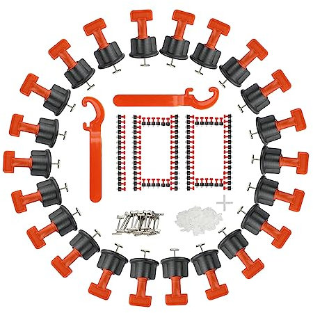 Fliesen Nivelliersystem Kit, Fliesenverlegehilfe mit 100 Stück Fliesen Nivellierer Set Wiederverwendbar, 500 Stk 2mm Fliesenkreuze Abstandhalter, 2 Spezialschlüssel, 15 T-förmigen Stahlnadeln