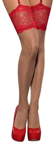 Obsessive Calze a reggicalze seducenti con elegante pizzo, rosse, taglia S/M.