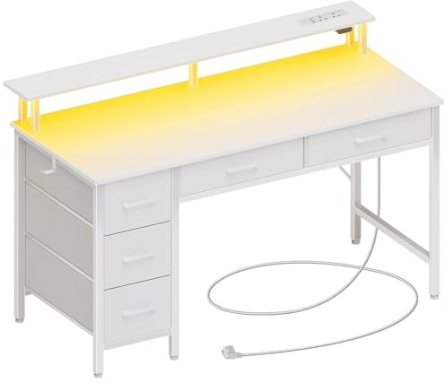 Seventable 120cm Computer Desk with LED Lights, USB Ports & Power Outlets, Monitor Stand and 5 Storage Drawers – Home Office Desk, Study Desk for Bedroom or Small Spaces, White