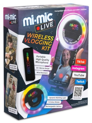 Mi-Mic TikTok - Kit per vlogging dal vivo, microfono wireless Lavalier e luce ad anello, luce per selfie per iPhone e smartphone Android
