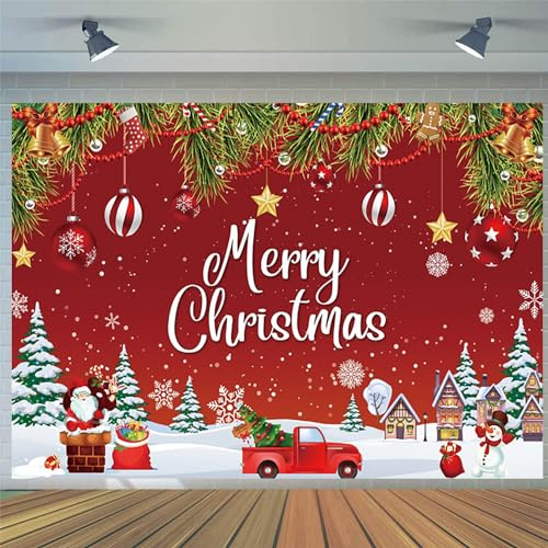10x6.5FT Christmas Backdrop Merry Christmas Red Ball Pine Tree Winter Snowflake Xmas Tree Snow Scene Photography Background Family Kids Holiday New Year Party Decorations Banner Photo Booth Props