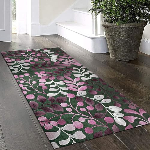 Yinghesheng Teppich Läufer Flur Küche 60x300cm Grau rosa grün 3D-Blättermuster Küchenläufer waschbar rutschfest,Flurläufer Lange Teppichläufer küchenteppich für Korridor Schlafzimmer Wohnzimmer
