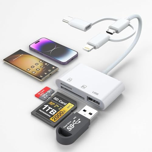 3-in-1 Universal OTG Micro SD/TF/USB Memory Card Reader with USB, Lightning, Micro, Type-C Ports for iOS, Android, Compatible with iPhone, iPad, Samsung, Tablets, MacBook