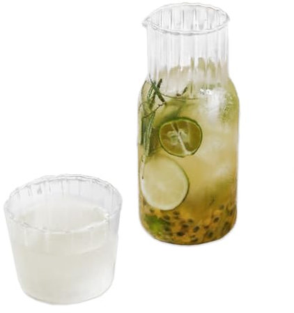 Marooma Juego de Jarra de Agua Y Vaso para Mesita de Noche, Jarra Transparente con Taza, Jarra de Vidrio Estriado Vintage para Servir Agua, Jarra de Agua Y Vasos de(15cm / 5.9in Length-Transparente)