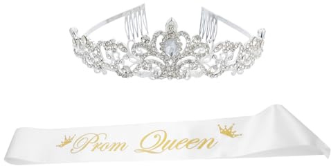 FRCOLOR Abschlussball 2026 Prom Queen Schärpe & Krone Set, Kristall Tiara Damen für Abschlussfeier, Silbernes Diadem für Geburtstag, Hochzeit, JGA & Party Deko