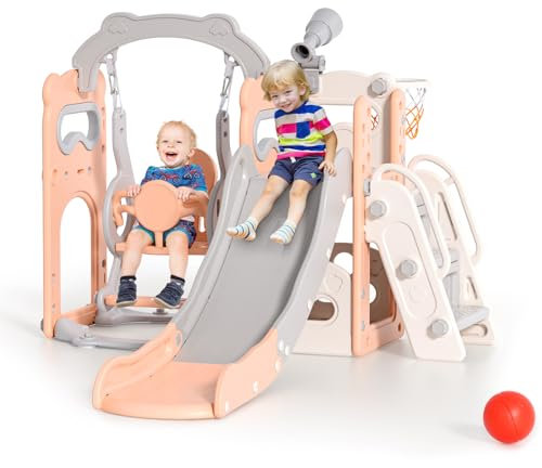 Toboggan,Toboggan Interieur Enfant,Toboggan pour Enfant avec Panier de Basketball, Télescope, Espace de Rangement, Escaliers(6 et 1 Riz-Rose)