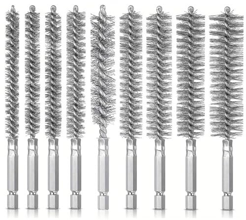 9Pcs Stainless Steel Wire Bore Brushes, Wire Brushes Drills Set Wire Brushes for Cleaning Wire Brush Set Thick Flexible Feeding Tube Cleaning Brushes Hex Shank Handle for Power Drill