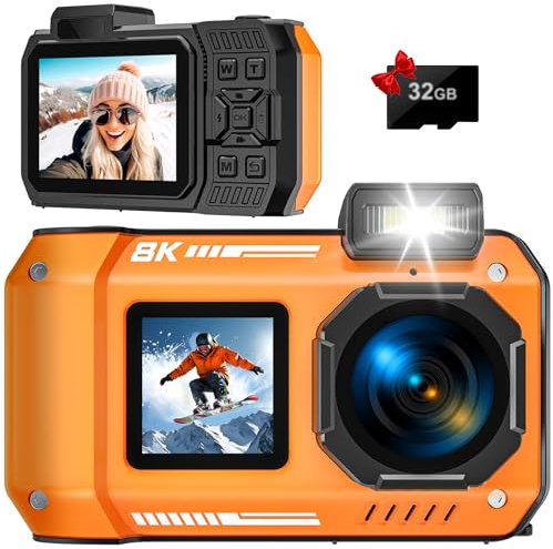 Digitalkamera, YISENCE 8K Robust Wasserdicht Staubdicht Stoßfest Digitalkamera mit 32GB Karte 70MP Autofocus Selfie mit zwei Bildschirmen 33FT Unterwasserkamera für Schnorcheln Digitale Kompaktkameras