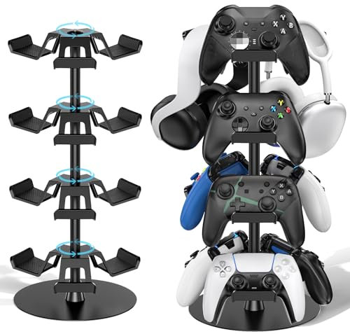 Kosker Support Casque Gamer, Support de Manette Conception Symétrique à 3 Couches Jusqu’à 9 Rangement de Manetes, Support Casque Bureau à 360 Degrés et Facile à Assembler (Noir, 4 Niveau)