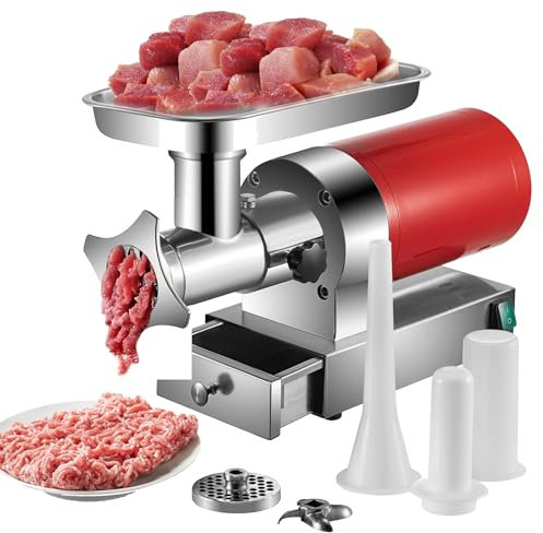 Mulino per macinazione, tritacarne Elettrico, insaccatrice per Salsicce, tritacarne in Acciaio Inossidabile, Lama in Acciaio Rimovibile, con Tubo per insaccatrice e 2 Piastre di macinazione,