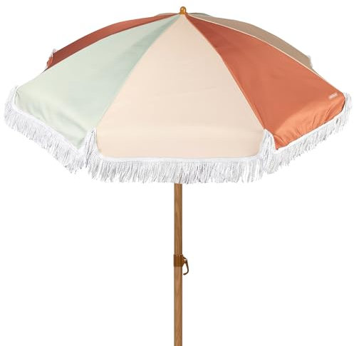 AKTIVE Sombrilla de playa 200 cm Multicolor con flecos, 8 varillas, Protección UV30, Poliéster, Mástil de aluminio efecto madera 28/32 mm, Incluye funda de transporte con asa de hombro (62431)