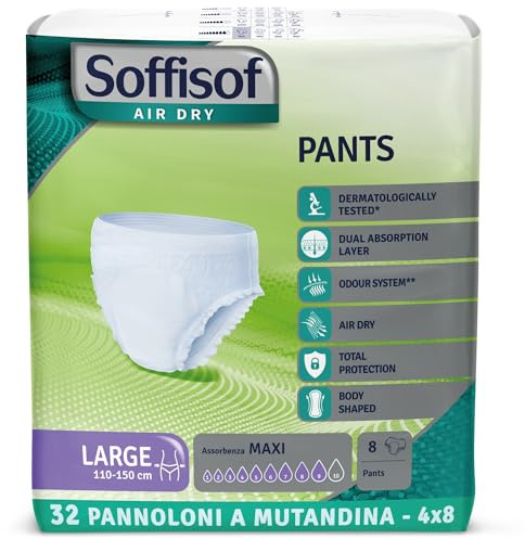 Soffisof Air Dry Pants Maxi L - 32x Braga Pañal Adulto - 4 Paquetes de 8 Pañales Adultos Maxima Absorcion Hasta 9 Gotas - Incontinencia Hombre y Mujer - Talla L (110-150 cm)