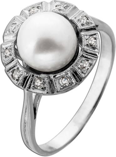 Ch.Abramowicz Perlenring Weißgold 585 14K Akoyaperle Diamanten Antikschmuck 19