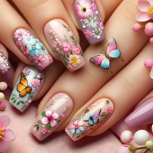 24 Stück Nägel Zum Aufkleben Mittel Sarg, French Press on Nails with Schmetterling & Blume Design, Acryl Künstliche Fingernägel Zum Aufkleben, Natürliche Falsche Nägel für Frauen Mädchen Nail Art
