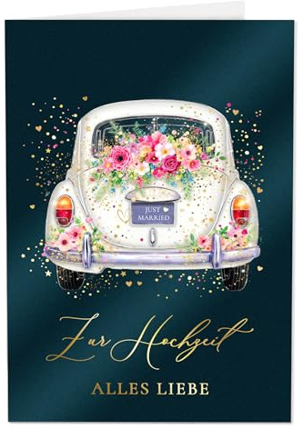 Joli Coon Premium Hochzeitskarte STARDUST Hochzeitsauto, 17 x 11,5 cm | 350g Perlmuttpapier mit Schimmereffekt, weiße Innenseite, goldveredeltes Fine-Paper-Kuvert, für Brautpaare
