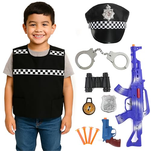 Polisdräkt för barn med hatt – liten – väst, märke, leksakspistoler, handbojor och mer – rollspel maskeradkit för pojkar och flickor