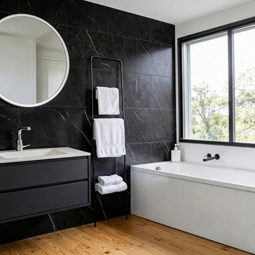 Lot de 8 Dalles Murales Douche SPC/PVC Décor Marbre Noir satiné - 38,9x77,8cm - 2,42M²