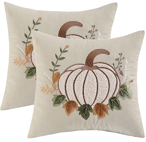 LUOYEHK Halloween Fall Pillow Covers 18x18 Set of 2 Pumpkin Embroidered Throw Pillow Covers Thanksgiving Farmhouse Corduroy Cushion Covers for Couch Sofa Bed
