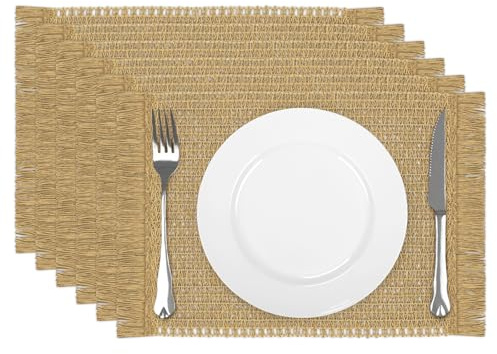 comfoyar Juego de 6 Manteles Individuales Marrón Rectangular Trenzado, Salvamanteles Individuales de Manteles Papel con Borla para Cocinas y Comedores Decoración de Mesas para Fiestas 30x44cm