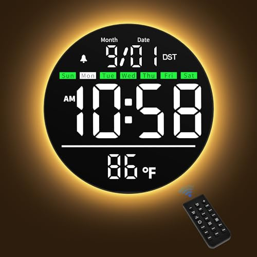 Maxstar 8’’ Digitale Wanduhr mit Nachtlicht, Alarm, 11 RGB-Farben, Temperaturanzeige, Sekunden, 5-stufige Helligkeit, Datum & Wochentag, Moderne elektrische LED Wanduhr für Wohnzimmer, Weiß