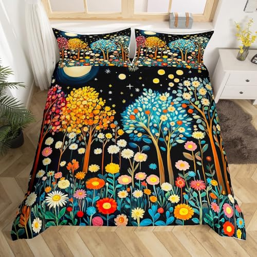 Homewish Ölgemälde Bäume Bettwäsche 200x200cm Groovy Blumen bettbezug Set für Jugendliche Kinder,Abstrakte Sterne Mond Bettwäscheset Garten Wildtiere bettset Mikrofaser raumdekor