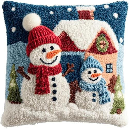 KnüpfKissen Set Erwachsene Kinder mit vordruck Weihnachten Schneemann Paar Weihnachten Kabine Winter knüpfteppich zum selber knüpfen Kissenbezug Anfänger DIY Handarbeit Stickerei Handgemachtes Handwer