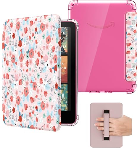 MoKo Hülle für 7 Kindle Paperwhite(12. Gen 2024)& Colorsoft 2024/2025 1st, Ultraklare Weiche Flexible Transparente TPU-RüCkabdeckung mit Handschlaufe & Wake/Sleep,Nicht für Boox&Kobo, Frühlingsrosa