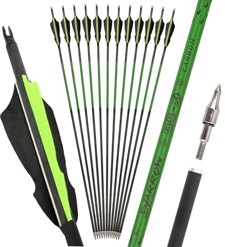limaity 30 Freccia in Carbonio con Piume di Tacchino da 4, Spina 300/400/500/600/700/800 per Compound, Recurve e Arco Lungo, Ideale per Obiettivi e Caccia (6PCS,Spine700,2 Neri 1 Verde)