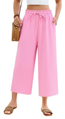 CMTOP Pantalones Mujer Verano 7/8 Casual Pantalon Elegante Cintura Elástico Pantalones Anchos Suelto Comodo Flojo Playa Pantalón con Bolsillos (Rosa, M)