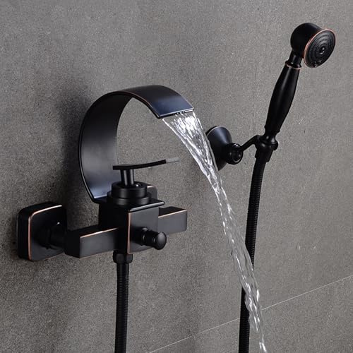 Rubinetto Vasca da Bagno con Doccetta Montaggio a Muro Nero Retrò Rubinetto a Cascata da Muro 2 Fori Miscelatore Doccia con Deviatore,nero D'epoca