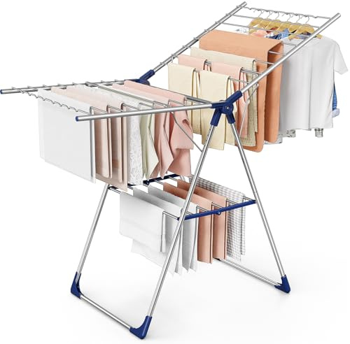Sakugi Wäscheständer klappbar mit Flügeln, großer 6-Fach höhenverstellbar, platzsparender Wäschetrockner Ständer aus Metall mit rutschfesten Füßen, Innen & Außen, 141 x 58 x 93 cm, Silber-Blau