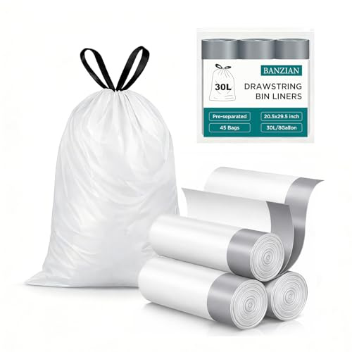 30L Bin Liners,20um Pre-Separated Drawstring Bin Bags 45 Counts,Thicker | Quick Dispense,Fits Tall Kitchen Pedal Bins,Leak Resistant