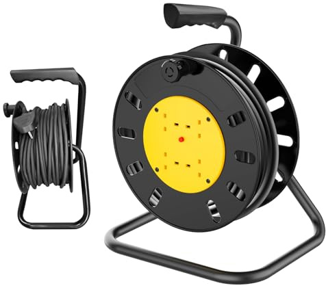 Extension Lead 50m Heavy Duty Cable Reel, with 4 Socket, 13A Fused Plug, Thermal Cut Out, Wind Handle, Metal Frame, Portable Extension Cord Retractable for Garden, Workshop, DIY, Black