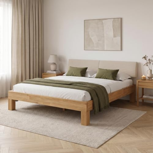 skølm Floki Massivholzbett Eiche 180x200 cm, Bett mit Bettkopf Cord Beige | Bettgestell aus Massivholz geölt, hochwertiges Holzbett aus Cord, Bettrahmen geeignet als Doppelbett, Holzbett Schlafzimmer
