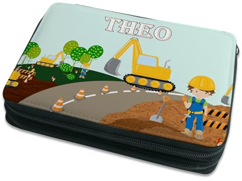 CreaDesign Kinder Federmäppchen mit (Wunsch) Namen, einzigartige Federtasche durch Personalisierung, Schulmäppchen - Motiv Bagger