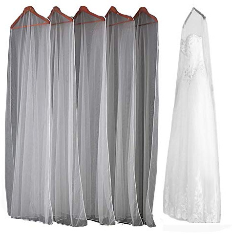 Monba 5pcs See Through Tulle Protector Case Pestproof Breathable Cover Washable Bags for Ladies Wedding Gown Dress Garment Long Clothes, 1.8m