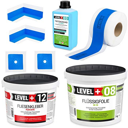 Dichtset Fliesen Flüssigfolie 7Kg Fertig Fliesenkleber 5Kg Tiefengrund 1L Dichtband 5M Innenecken x 2, Wandmanschetten x 2 Dusche Bad Küche SET502