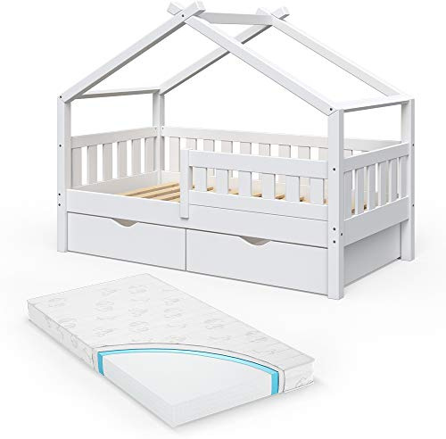 VitaliSpa Hausbett Design, Weiß, 80x160 cm | mit 2 Schubladen und Matratze, geeignet als Spiel- und Schlafbereich für Kinder