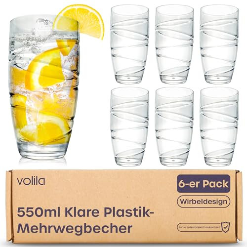 volila Plastic Glasses - 550ml/19oz (6 Pack) Acrylic Clear Plastic Drinking Glasses with Swirl Design - Plastic Glasses Reusable and Shatterproof for Daily Use, Parties and Picnic