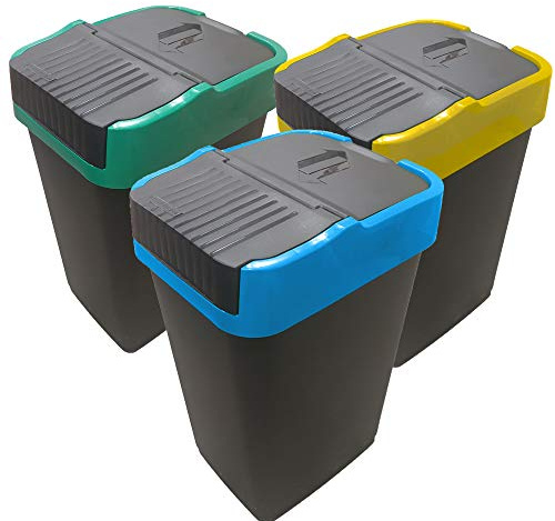 EUROXANTY Pack 3 papeleras de Reciclaje | Papelera Reciclaje Colores | Tapa basculante | PVC rígido | Diseño Rectangular | 25 x 32 x 45 35L