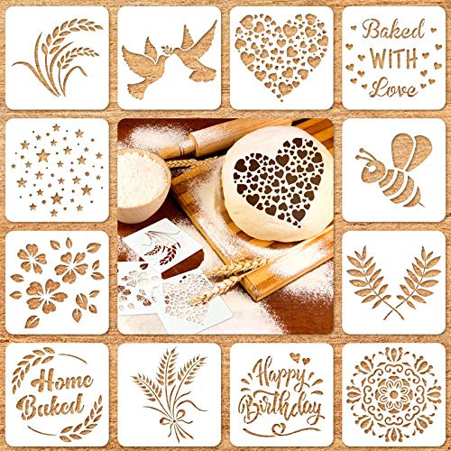 Patelai 12 Pcs Stencil for Bread Artisan Bread Stencils Baking Mold Set Cook Baking Template, Cake, Pie, or Cookie Template Mold for Decorating, 12 Style(5.9 x 5.9 Inch)