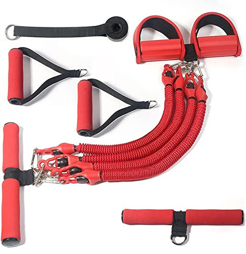 LTLCLZ Fitness Gummibänder Multifunktional 4 Schläuche Latex Zugseil Expander Workout Pedal Sportgeräte Widerstandsbänder Home Gym,Red Set