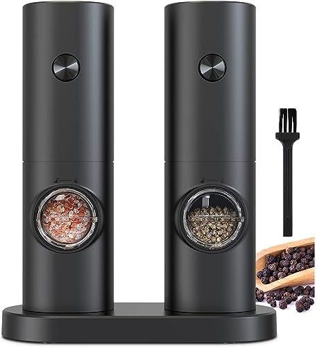 COKUNST Juego de molinillo de sal y pimienta eléctrico, funciona con pilas, 5 niveles gruesos ajustables, molinillo de pimienta negro con luz LED con soporte, para barbacoa, restaurante, cocina