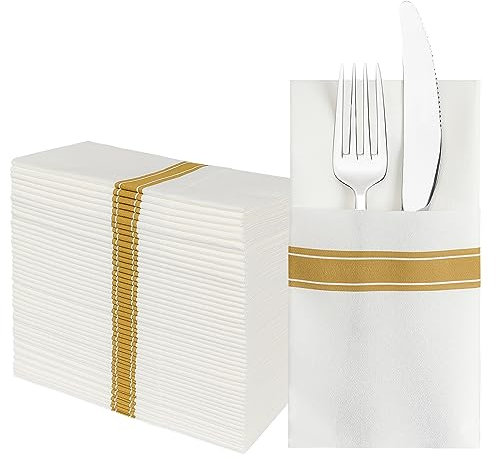 JEBBLAS Einweg-Stoffservietten, integrierte Bestecktasche, Hochzeitsparty, Leinengefühl, weiße Serviette, vorgefaltet für Besteck (50)