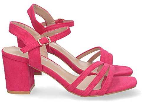 shoes&blues.es 72114-Sandalia de Tacon para Mujer, Comoda, con Palas Finas, Talon Abierto, y Cierre de Hebilla, Primavera Verano 2023. Talla 38 Fucsia