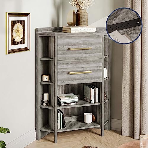 BELLEZE Corner Cabinet with Ultra-Fast USB Type A/C Outlet, Corner Table with 2 Storage Drawers and 10 Shelves, Store and Organize Home Furniture for Bedroom, Living Room Small Space - Sonoma (Gray)