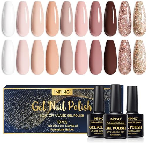 INPING UV Nagellack, 10 Farben Nude Glitzer Weiß Dunkelbraun Gel Set, Gellack Soak-Off UV Nagellack Set für Anfänger DIY Nailart zu Hause, 8 ML