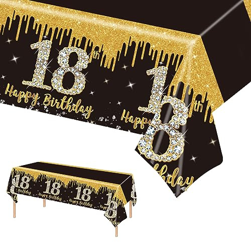 POPOYU 137 x 274 cm Schwarz und Gold zum Geburtstag Tischdecke Schwarz Gold Tischdeko für Mann Frau 18. Geburtstag,Rechteckige Kunststoff Einweg-Tischdecke für Partydekorationen zum 18. Geburtstag
